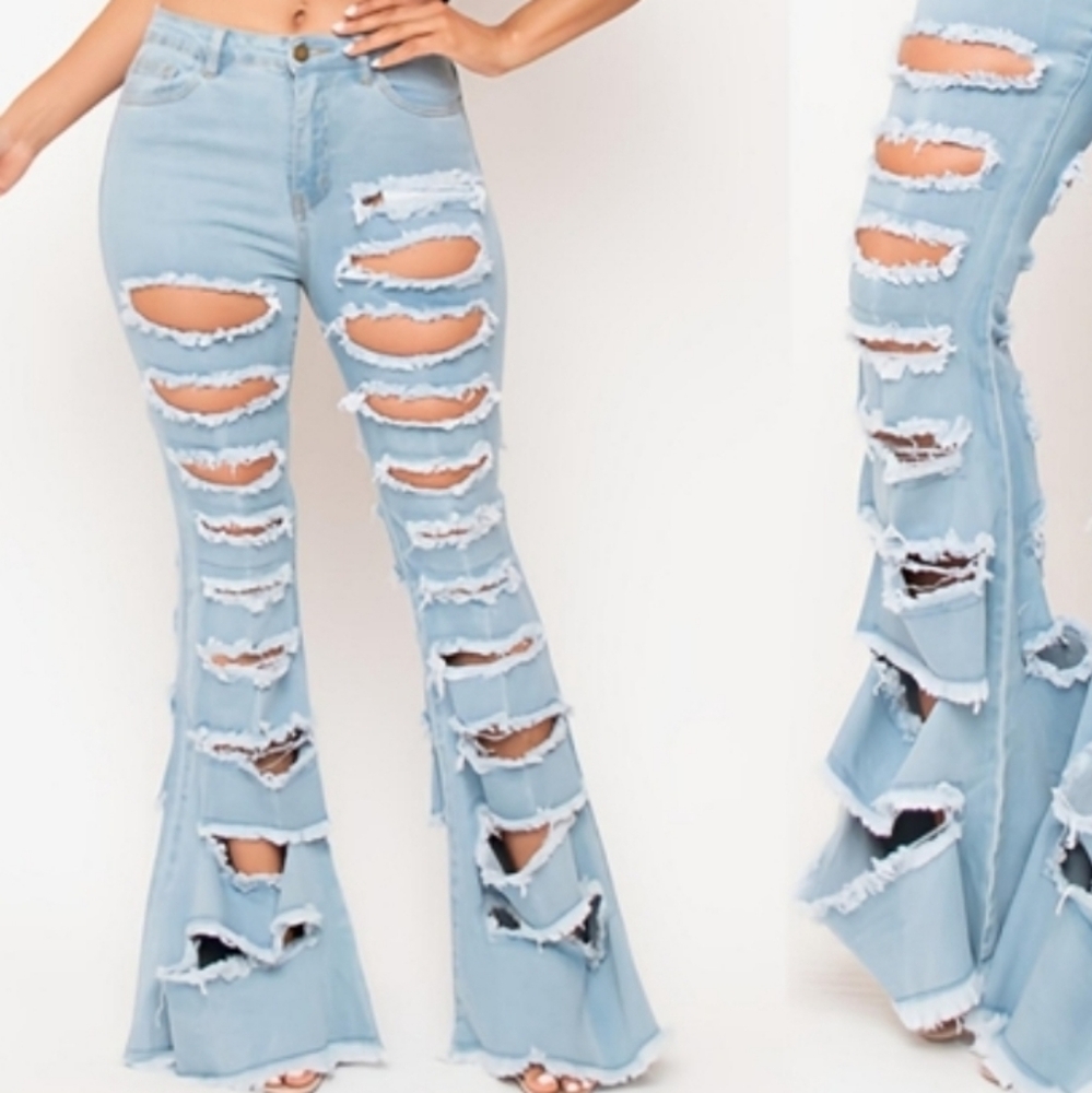 Light Blue Distressed Flare Jeans
